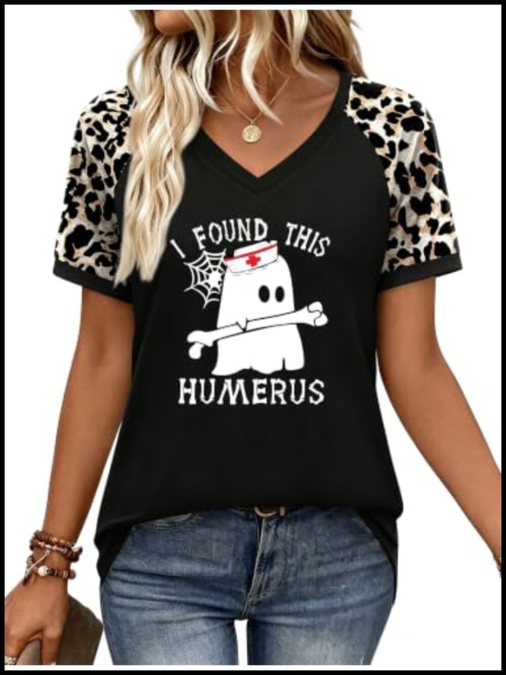 Women's Halloween T-Shirt Ghost Pumpkin Print Leopard Plaid Raglan V-Neck